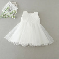 white baby lace special occasion dress for infants with sleeveless lace bodice and tulle skirt