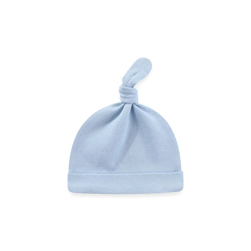 light blue baby layette set hat with top knot for newborns