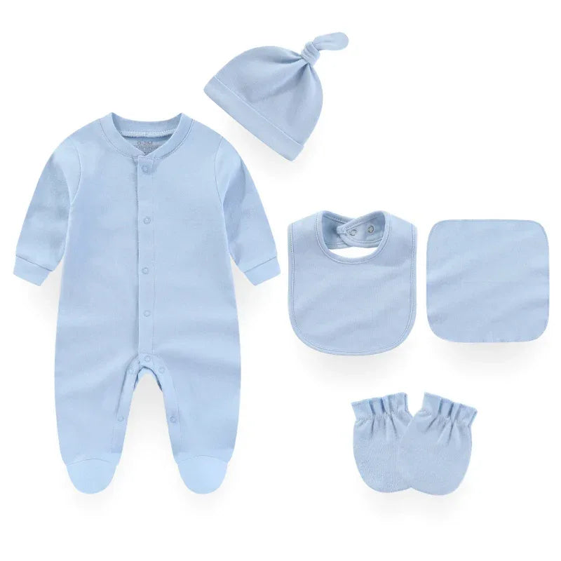 blue baby layette set for newborns with footed onesie hat bib mittens and cloth
