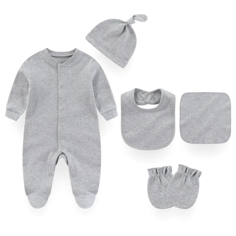 Gray baby layette set with footed sleeper, hat, bib, mittens, and burp cloth for newborns