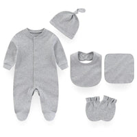 Gray baby layette set with footed sleeper, hat, bib, mittens, and burp cloth for newborns