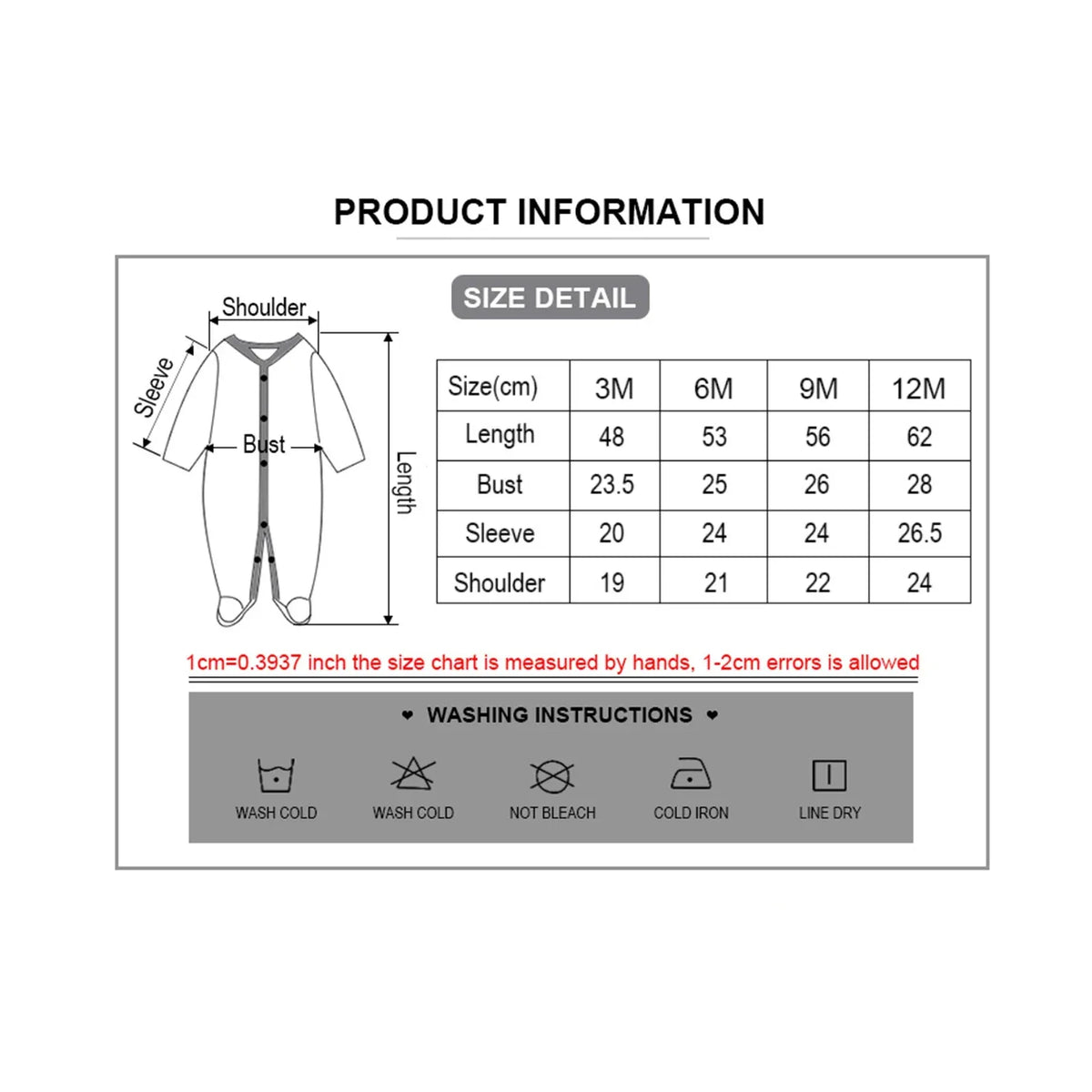 Baby layette set size chart for 3M to 12M with length, bust, sleeve, shoulder measurements