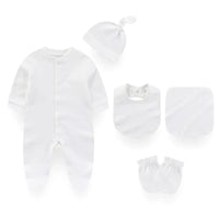 White baby layette set with long sleeve footed sleeper, hat, bib, mittens, and washcloth for newborns