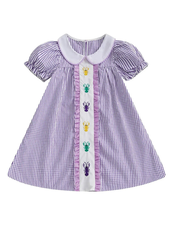 Three Little Lobsters Embroidered Baby Dress - Purple Gingham - The Palm Beach Baby