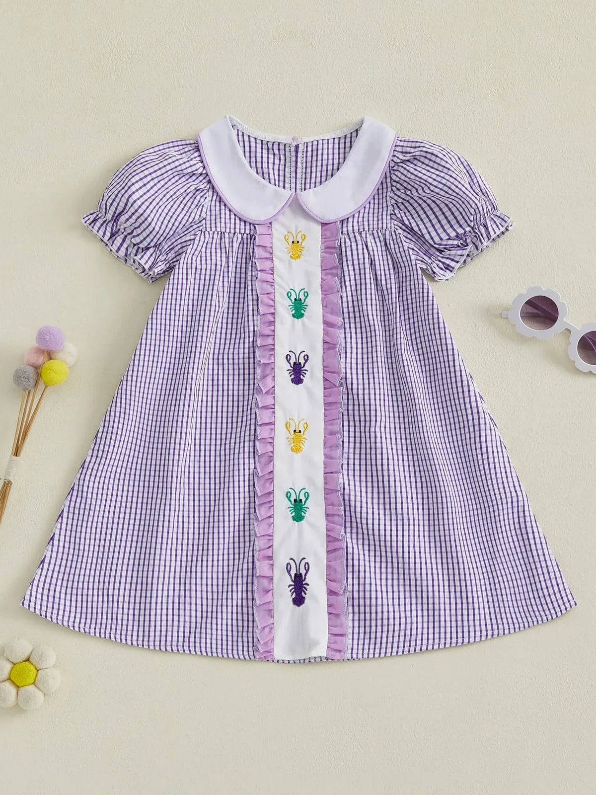 Three Little Lobsters Embroidered Baby Dress - Purple Gingham - The Palm Beach Baby