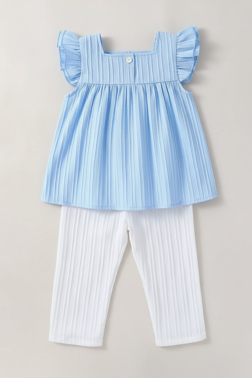 Baby blue party pants set with ruffled sleeves top and white ribbed pants for infants