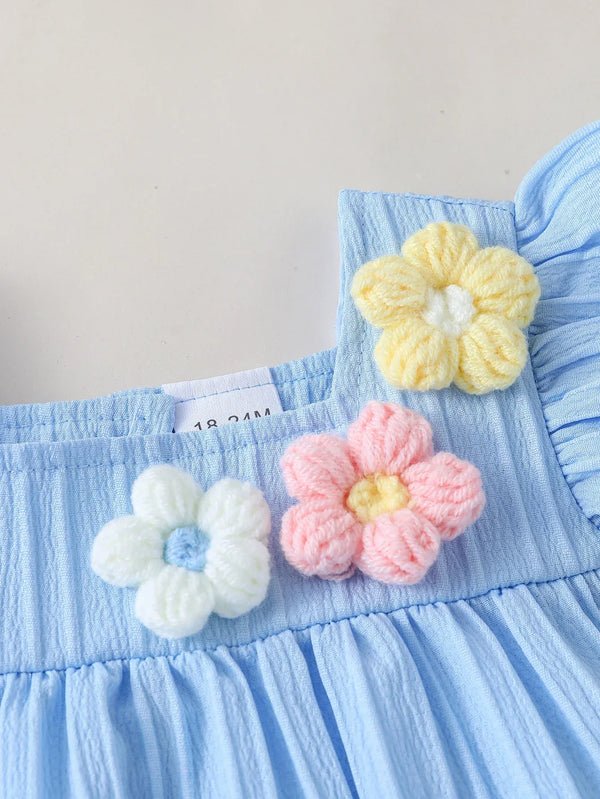 Baby blue party pants set with multicolor knitted flower appliques size 18-24 months