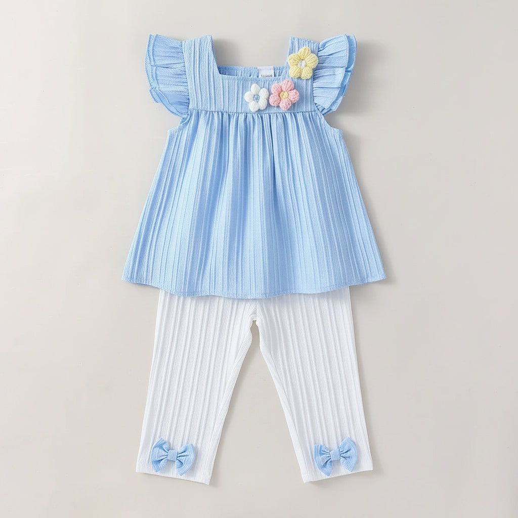 baby blue party pants set with ruffle sleeves top and white ribbed leggings with bows for infants