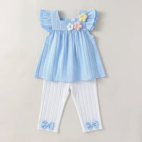 baby blue party pants set with ruffle sleeves top and white ribbed leggings with bows for infants