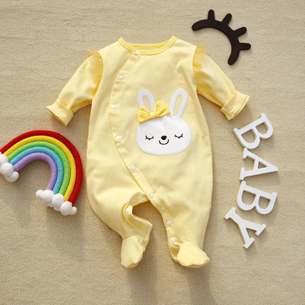 yellow baby romper with long sleeves and bunny face applique for infants