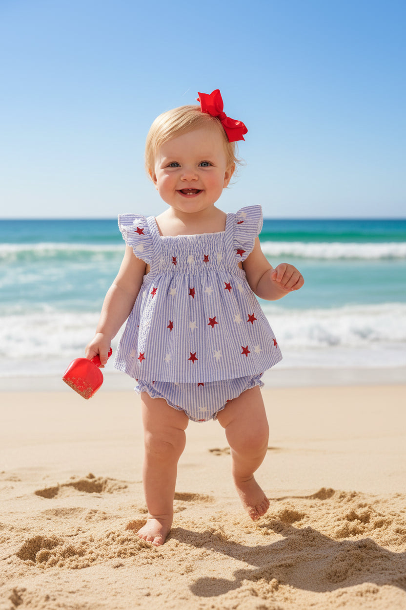 baby girl blue and white striped patriotic outfit for women with red stars and red bow headband