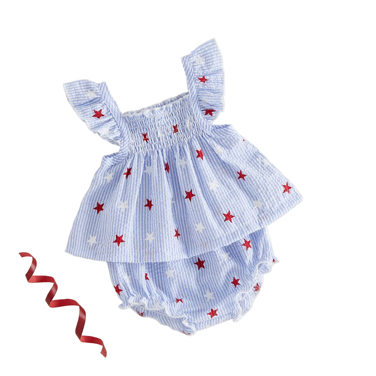 baby girls blue striped patriotic outfit for women with red and white star print and ruffle straps