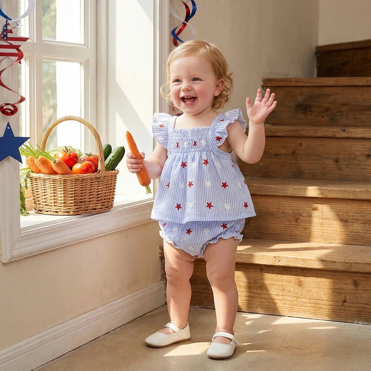 Baby girls blue and white striped outfit with red stars, sleeveless patriotic outfit for women style
