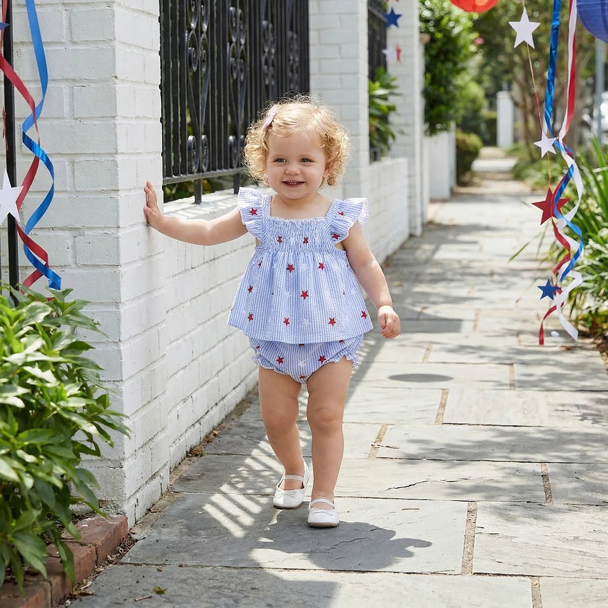 toddler girls blue and white striped patriotic outfit for women with red star prints and ruffle sleeves