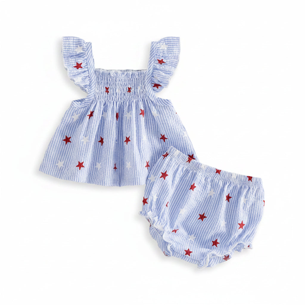 baby girls blue striped top and bloomers set with red stars patriotic outfit for women