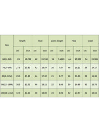 Size chart for babies and kids clothing showing measurements in cm and inches for ages 0 to 24 months