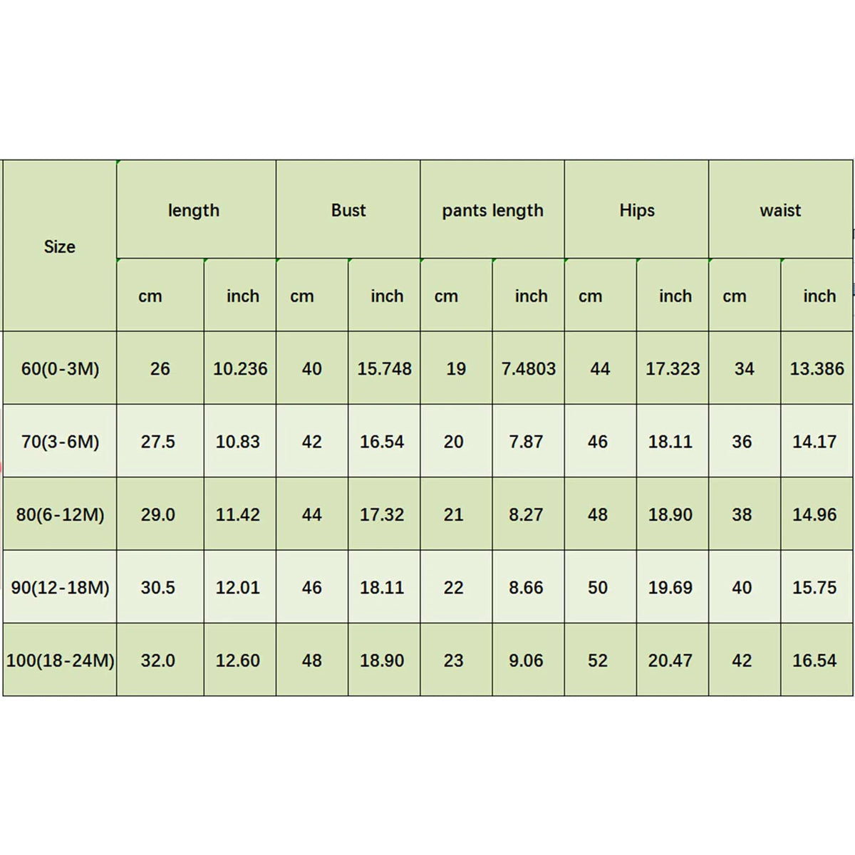 Size chart for babies and kids clothing including length, bust, pants length, hips, and waist measurements in cm and inches