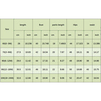 Size chart for babies and kids clothing including length, bust, pants length, hips, and waist measurements in cm and inches