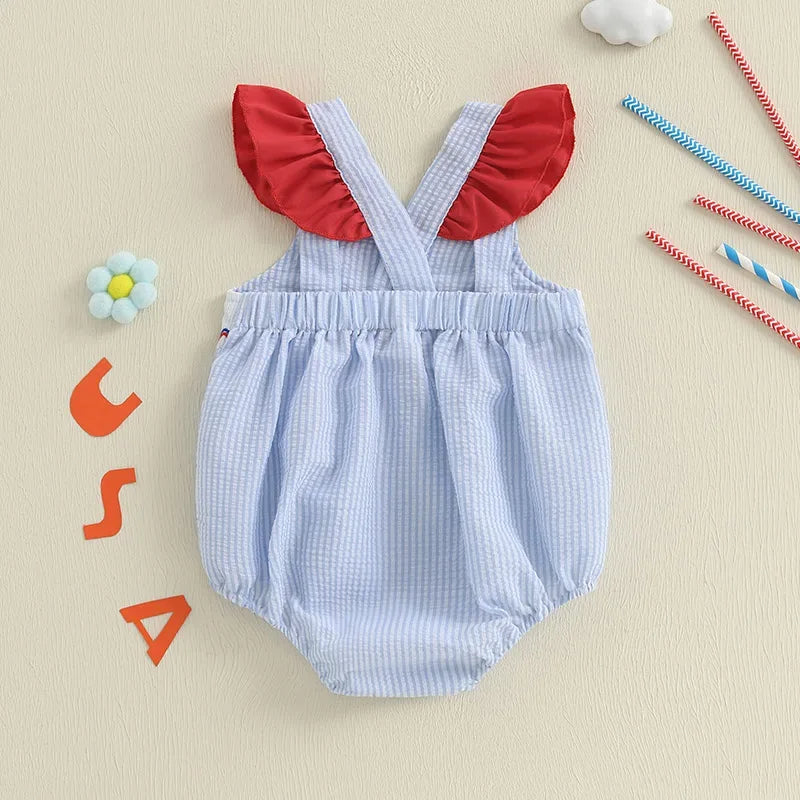 blue and white striped baby patriotic romper with red ruffle straps for infants