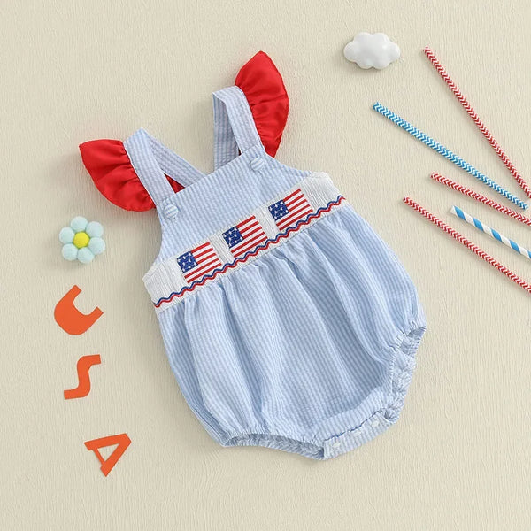 Blue and white striped baby patriotic romper with red flutter sleeves and USA flag design for infants