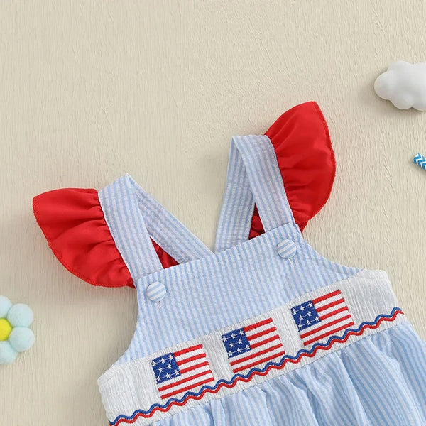 baby patriotic romper in blue and white stripes with red flutter sleeves and American flag embroidery