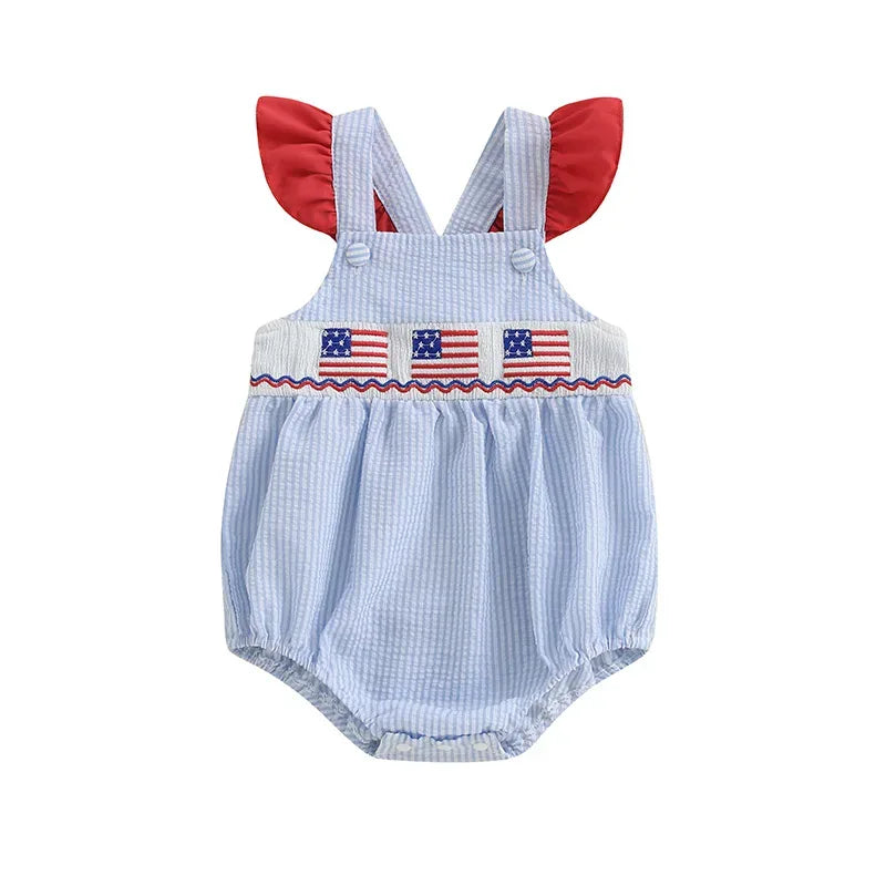 blue and white striped baby patriotic romper with red flutter sleeves and flag embroidery for infants