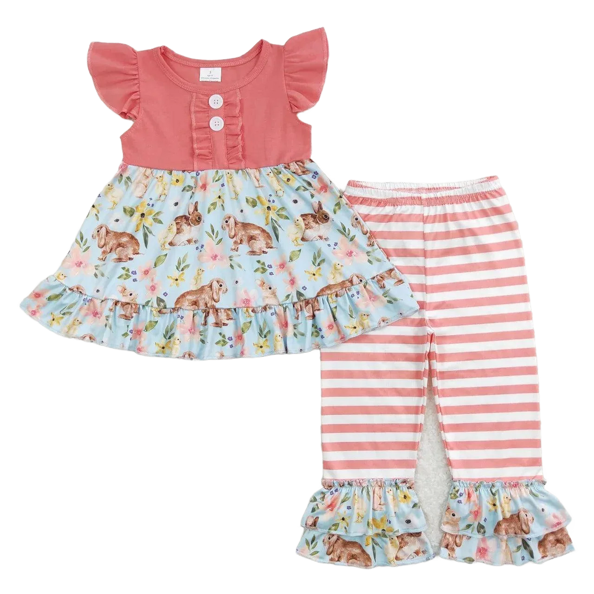 Girls pink and blue pants set with bunny print top and striped ruffle pants for toddlers