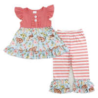 Girls pink and blue pants set with bunny print top and striped ruffle pants for toddlers