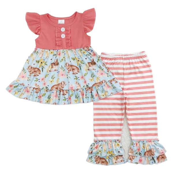 Girls pink and blue pants set with bunny print top and striped ruffle pants for toddlers