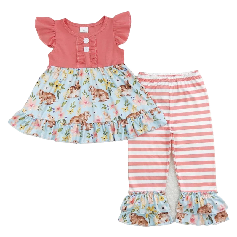 Girls pink and blue pants set with bunny print top and striped ruffle pants for toddlers