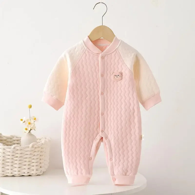 Pink and cream baby quilted romper made of soft cotton with bear patch on chest