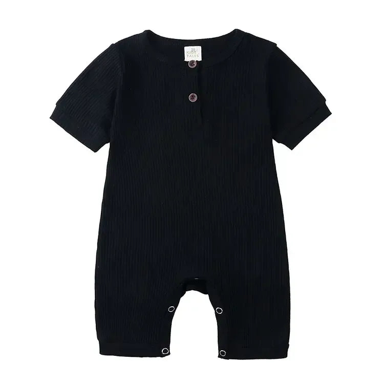 black baby romper for infants with short sleeves and snap buttons for easy diaper changes