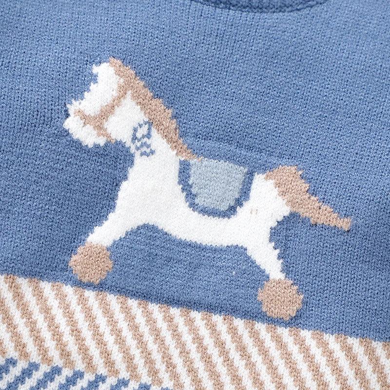 blue baby romper with white and brown horse knit design for infants