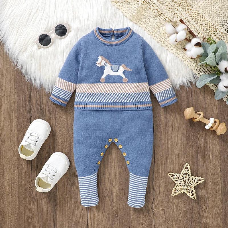 blue baby romper with horse design and striped cuffs for infants, long sleeve knit outfit