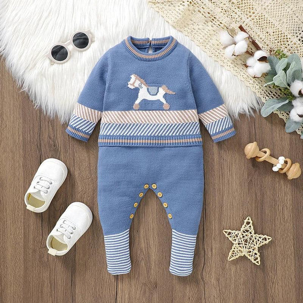blue baby romper with horse design and striped cuffs for infants, long sleeve knit outfit