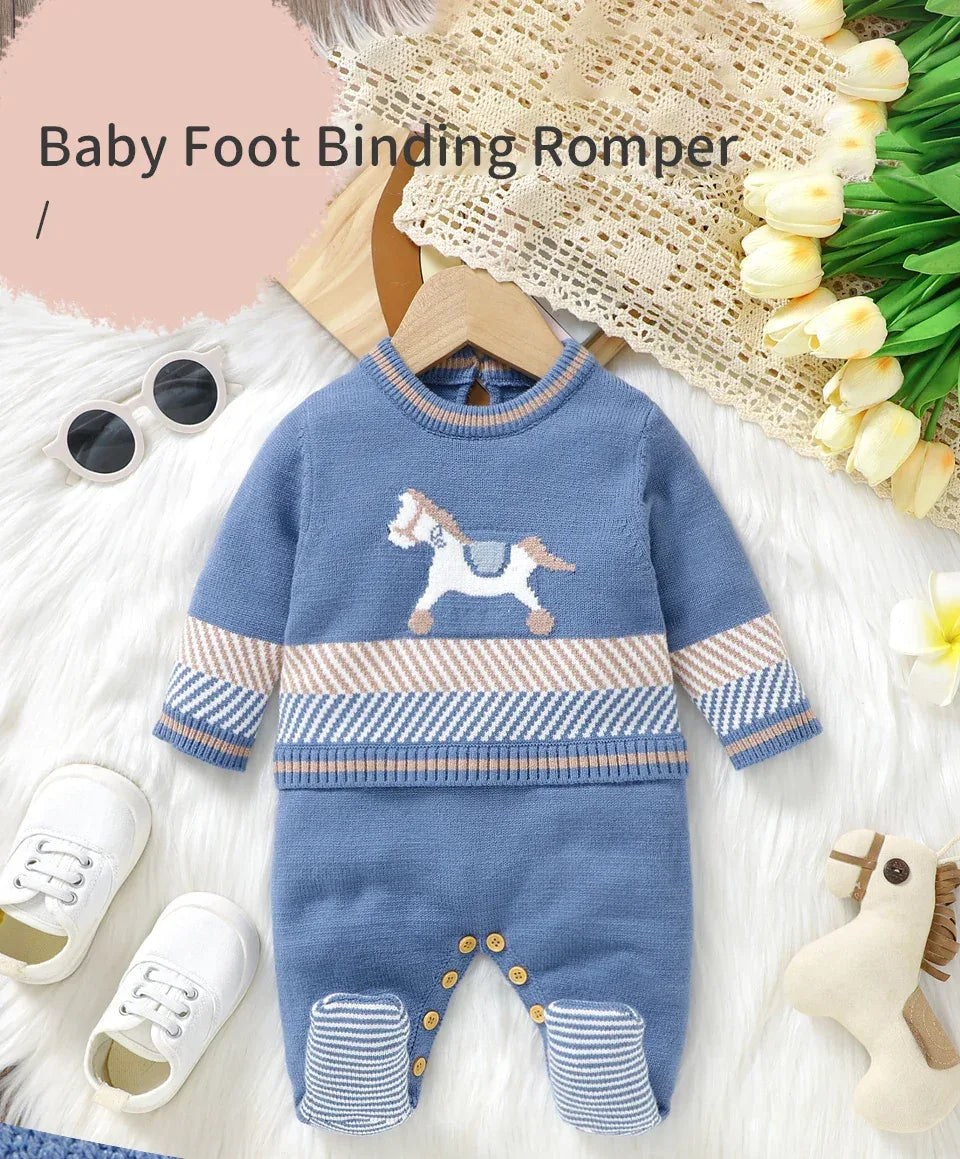 Blue baby romper for infants with foot bindings and horse design, long sleeve knit outfit