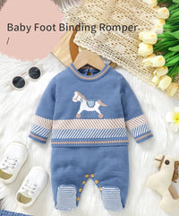 Blue baby romper for infants with foot bindings and horse design, long sleeve knit outfit