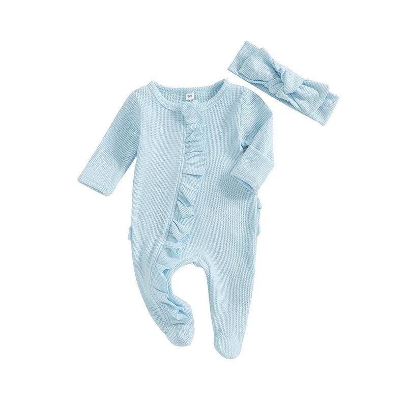 baby blue romper with ruffle detail and matching headband for infants