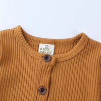 brown ribbed baby romper for 3 to 6 months with round neckline and button detail