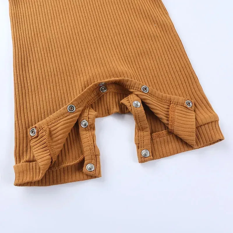ribbed brown baby romper with snap buttons for easy diaper changes newborn to 12 months