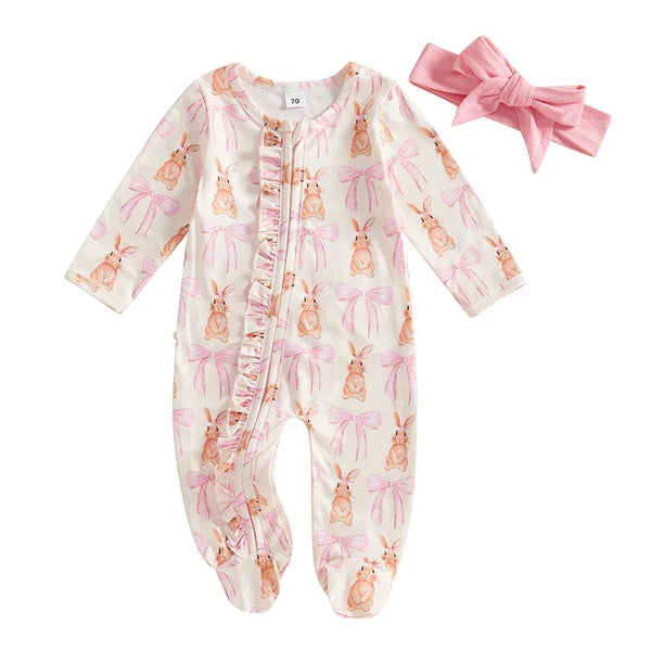 Pink and white baby romper with bunny and bow print, long sleeve, footed, and matching pink headband