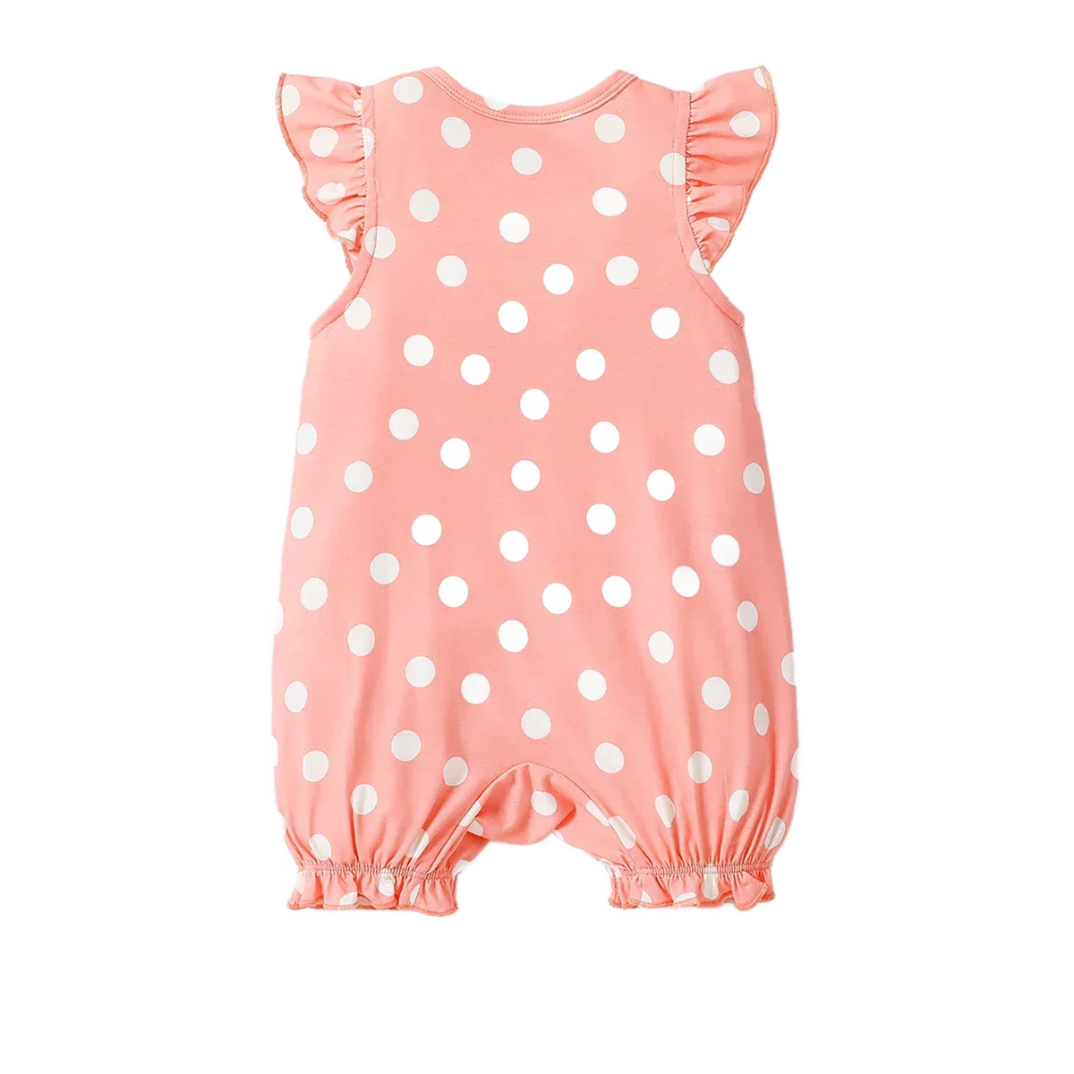 Pink baby romper with white polka dots and ruffle sleeves for infants