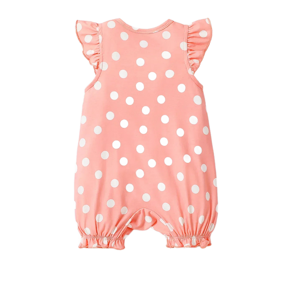 Pink baby romper with white polka dots and ruffle sleeves for infants