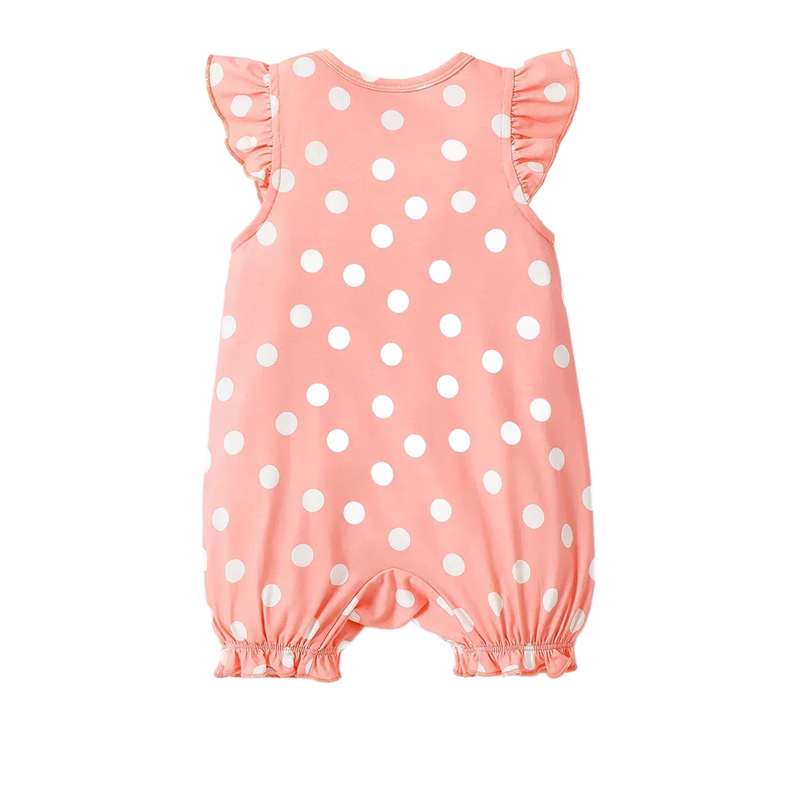 Pink baby romper with white polka dots and ruffle sleeves for infants
