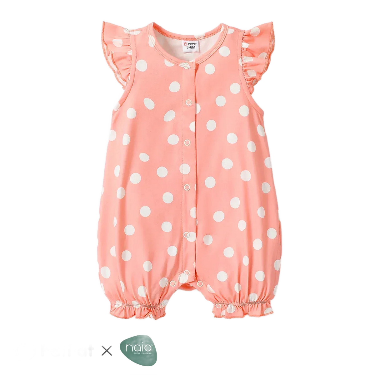 pink baby romper with white polka dots, ruffle sleeves, and snap buttons for 3 to 6 months