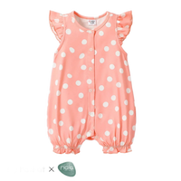 pink baby romper with white polka dots, ruffle sleeves, and snap buttons for 3 to 6 months