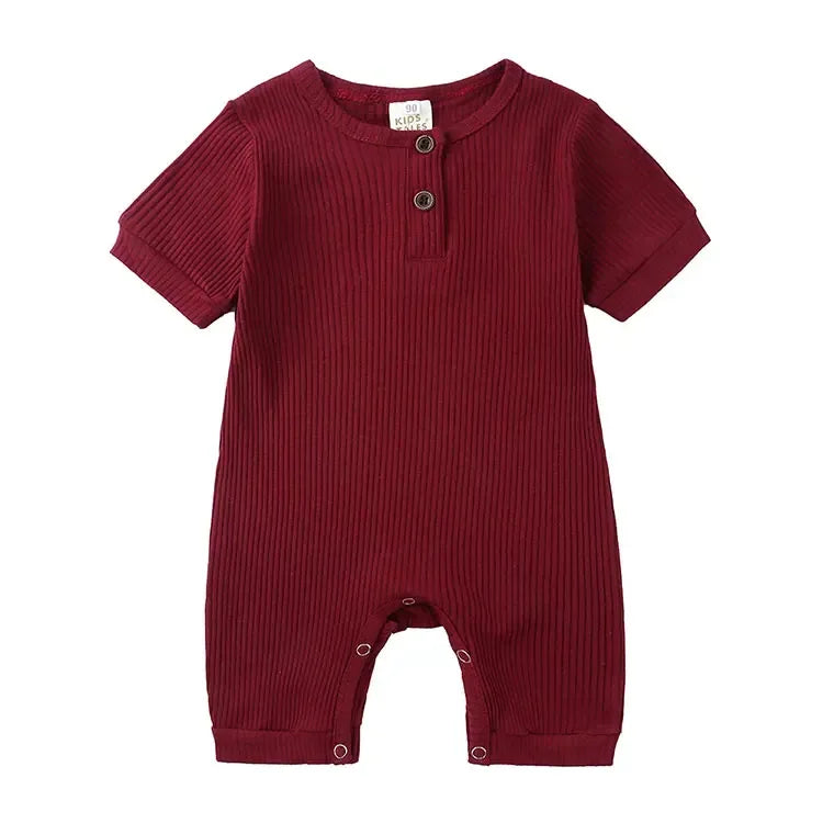 burgundy baby romper for infants with short sleeves and front button detail