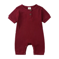burgundy baby romper for infants with short sleeves and front button detail