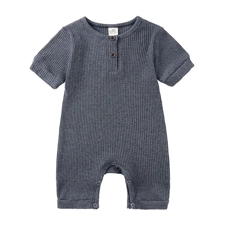 baby romper in dark gray ribbed fabric with short sleeves and button details for infants