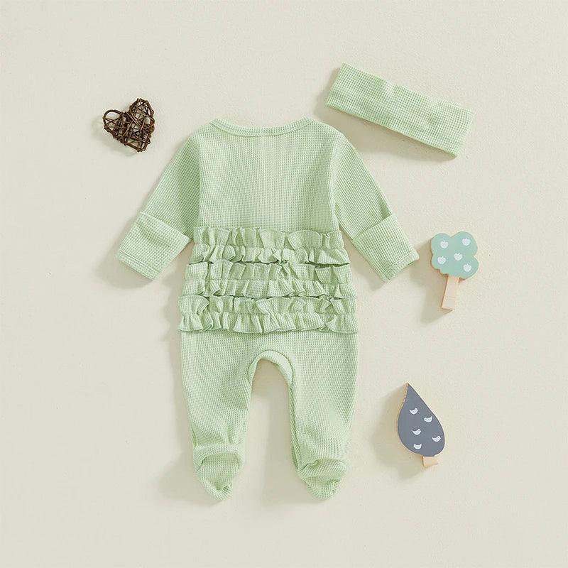 Baby girl light green romper with ruffle detail and matching headband for newborn to 6 months